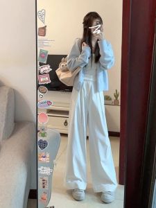 เสื้อสเวตเตอร์ถักแบบบางสไตล์เกาหลีสำหรับผู้หญิงในฤดูหนาว สีฟ้าครีม เสื้อชั้นใน เสื้อคลุมกันหนาว เสื้อสเวตเตอร์ถักแบบเปิดยาวสั้น ทรงหลวม ปกคอกลม