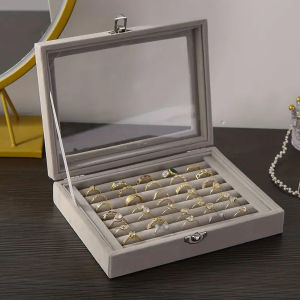 1pcRing storage box soft velvet jewelry storage tray with transparent lid earring and jewelry display box