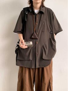 Japanese-Style Retro Workwear Short Sleeve Shirt Mens Summer Fashion Brand Outdoor Trendy Stylish Loose Casual Ice Silk Shirt