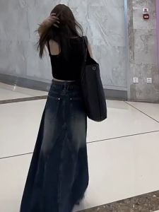 ⚡Port⚡2025 new Retro Raw Cut Hem Denim Skirt Women Irregular A-line Skirt Mid Length Umbrella Skirt