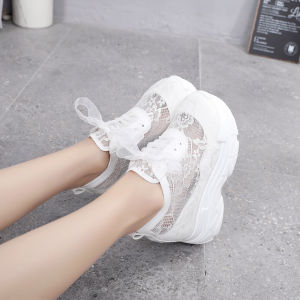 Sweet Pink Lace Mesh Sports Shoes Thick Heel Platform Sneakers Womens Summer New Style 12cm High Heel Breathable Sport Shoes
