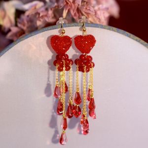ต่างหูรูปหัวใจสีแดงแบบไม่ต้องเจาะรู ดีไซน์รetro สำหรับผู้หญิง ชุดแต่งงาน ต่างหูแบบคลิป วัสดุผสม