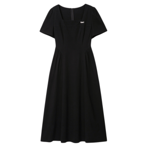 Plus Size French Style A-Line Slimming Black Square Neck Long Dress 2026