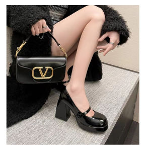 รองเท้าส้นสูงหนังแท้ Mary Janes สีชมพูสไตล์ฝรั่งเศสสำหรับผู้หญิง รองเท้าแตะส้นหนาแบบใหม่ รองเท้าแต่งงาน รองเท้าส้นสูงแบบย้อนยุคที่เข้ากันได้กับกระโปรง