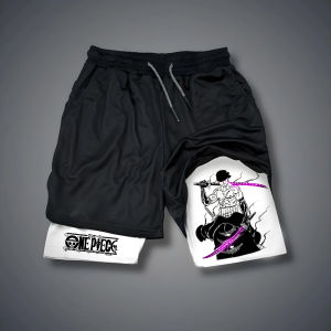 One Piece Mens Shorts Double Layer 2-in-1 Shorts Roronoa Zoro Japanese Anime Summer and Autumn Fake Two-piece Fitness Pants
