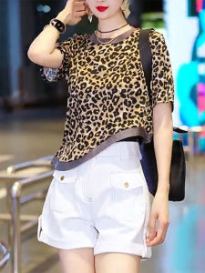 QINGNAER | Loose Casual Plus Size Leopard Print Color Block T-Shirt