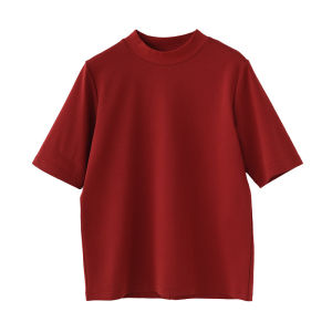 Red Pure Cotton T-Shirt Half High Collar Short Sleeve mid Sleeve Long Sleeve Spring Summer Series Fish Baby Straight Cut Basic Knitted Top