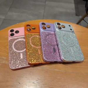Luxury Glitter Sequin Crystal Camera Lens For Magsafe Magnetic Phone Case For iPhone 17 16 15 14 Pro Max Shockproof Bumper Cover