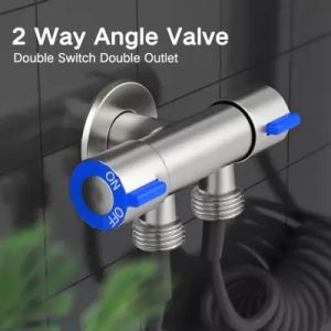 Stainless Steel 304 Kran 2 Cabang Katup Two Way Angle Valve Double Angle Valve Triangle Valve One Into Two Out Double Water Double Control Angle Valve Toilet Water Inlet Switch Faucet