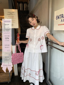 Summer Floral Embroidery Jacket And Skirt Set Womens Fashion Small Size Clothing Cotton Short Sleeve Button up Two Piece Set