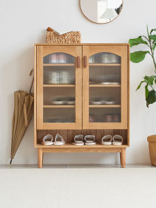 Scandinavian Solid Wood Shoe Cabinet Minimalist Modern Living Room Entrance Cabinet Cabinet with Glass Door Oak Storage Cabinet Locker Shoe Rack