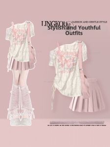 NUMEN BUTTON | Elegant Off-Shoulder Printed T-Shirt Sweet High-Waist Pleated Skirt Set