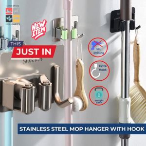 [Sg Seller] Broom Hanger Mop Clip Holder Stainless Steel With Hook Multipurpose Wall Mount  Kitchen Garage Garden