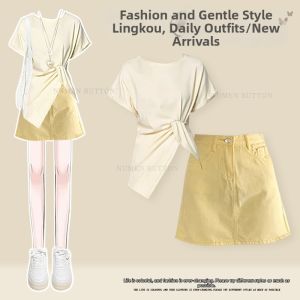 NUMEN BUTTON | Plus Size Youthful Elegant Casual Wear Set for Women Slim Fit Short Sleeve and High Waist Denim Skirt