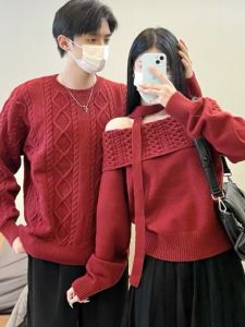 Thickened One-Shoulder Sweater Couple Matching Festive Wedding Proposal Banquet Snake Year Red Design Commute Style Long Sleeve