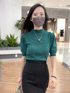 Womens Knitted Sweater Half High Collar Bubble Sleeve Seven Quarter Sleeve Fashionable Inner Wear Spring Autumn New Style T-Shirt