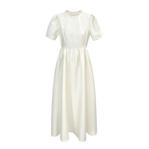 Elegant High Waist Pearl round Neck Bubble Sleeve Dress Womens Long Dress Autumn Spring Season Polyester Fiber Princess Style A-Line Skirt