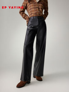 EP YAYING 2025 Winter PU Leather Matte Texture Drapey Straight Leg Pants Meat Concealing Slimming Pants High Waist Zipper Closure