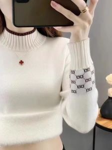 Womens Thickened Half-High Collar Knitted Sweater Fleece Lined Base Layer Shirt Autumn Winter Fashion Commute Slim Fit Butterfly Knot
