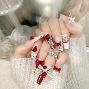 [Ready Stock]24pcs Fake Nails  New Years Red Love Bow Nail Art With Glue