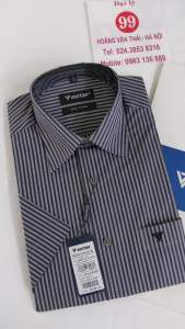 [Việt Tiến Sale] Sơ Mi Ngắn Tay - Regular (Suông) - Vạt Bầu - Kẻ sọc ghi sẫm xen kẻ đen - size 37 (lẻ size)