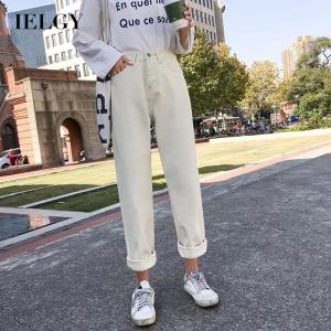 IELGY korean off white denim trousers for women with high waist