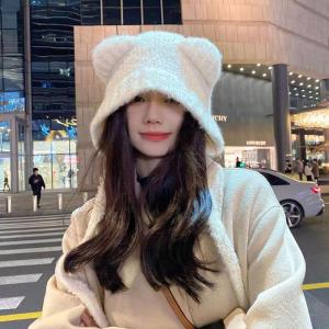 Cute Bear Knitted Hat Womens Winter Warm Windproof Overhead Thickened Yarn Ear Hat Face Slimming Cold Hat Street Style Polyester