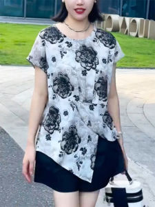 QINGNAER | Elegant Vintage Slim Fit Short Sleeve Shirt for Middle-aged Women with Floral Print