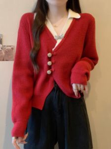 New Chinese Style Button Sweater Women Spring Autumn plus Size Short V-neck Knitted Open Cardigan Red Color Warmth Heating