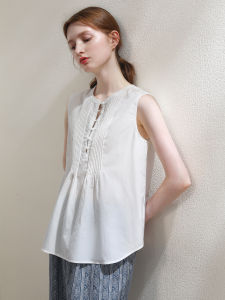 Miccbeirn | Silk Cotton Design Pleated Simple Sleeveless Vest Top Fashion Tassel Buckle Versatile Personality Shirt Round Neck Regular Length
