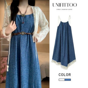 Slimming Mid-Length Denim Halter Dress Womens Summer Large Size Belly-Increasing Fashionable Tassel Strap Dress