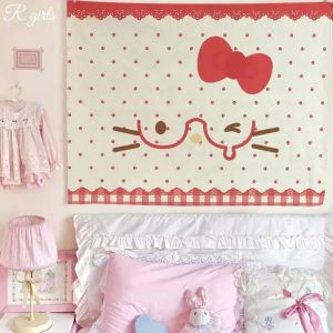 Sanrio | Kawaii Hello Kitty Style Tapestry Red Polka Dot Bow Wall Hanging Cute Background Cloth for Girls Bedroom Dorm