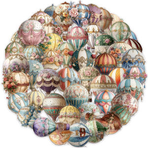 50pcs Vintage Hot Air Balloon Transparent PET Stickers Ideal for Laptop Water Bottle Phone Journal Scrapbook Bumper