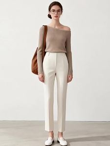 PIAOYA | Beige High-waist Slim Small-stature Friendly Trousers