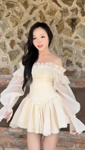 Đầm tiểu thư đầm nàng thơ Voan xinh dáng ngắn mặc hè đi tiệc trễ vai đính bông xòe tầng kèm quần