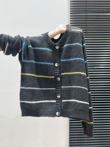 เสื้อคาร์ดิแกนถักแขนยาวลายทางสีเทา ทรงหลวม อบอุ่น สำหรับผู้หญิง ฤดูใบไม้ร่วง/ฤดูหนาว เสื้อคลุมกันหนาว แฟชั่นสตรี