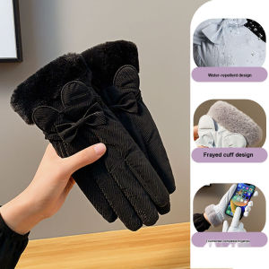 Women s Warm Gloves Fleece Lined Thickened Bowknot Fur Edge Windproof Antifouling for Autumn Winter Outdoor Cycling Sports