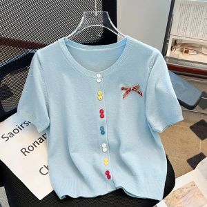 Chic Butterfly Knitted Cardigan Loose Summer Slimming Short Sleeve Womens T-Shirt Elegant Open-Shirt Korean Style Thin