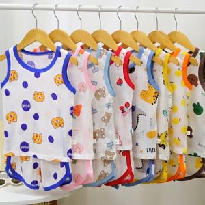 ชุดเสื้อกล้ามเด็ก +กางเกงขาสั้น พิมพ์ลาย ขอบสีๆ สวยมาก ผ้าฝ้าย100% พร้อมส่ง ผ้าเนื้อนุ่ม 【YOOMI KIDS】