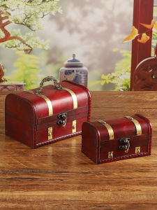 Retro Red Lockable Handheld Storage Box Jewelry Box Decorative Display Wooden Box Dustproof Cover Home Organization Tool