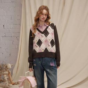 Unifree | Vintage Knit Sweater Checkered Bow Spurs Embroidery Padded