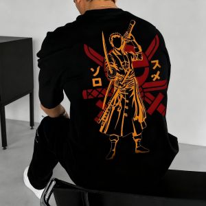 Bandai | One Piece T-Shirt Zoro Roronoa Three Swords Y2k Windmill Flag Back Print Black Cotton Loose Fit Breathable Men Women Streetwear