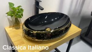 Classica Italiano Wastafel Meja Oval Hitam Motif Ornamen Klasik Emas