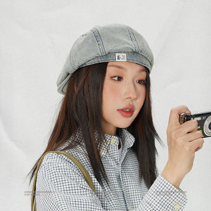 OKLA high quality retro denim spring beret womens summer wear versatile washing old big head circumference showing small face forward hat children