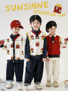 Stylish Boys Shirt Vest Set with Detachable Tie Durable Water-Resistant Print Casual Spring Autumn Wear for Kids