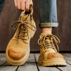 Mens Martin Boots Genuine Leather Breathable Thick Bottom High Top Travel Shoes Comfortable Wear Resistant round Toe Boots