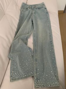 Light Wash Straight Leg Jeans Womens High Waist Pear Shape Slimming Loose Design Rhinestone Wide Leg Long Pants
