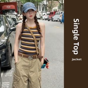 YUEZHONGWEI | Striped Ice Silk Knit Tank Top Women Summer Outdoor Wear Slim Fit Short Sleeve