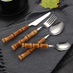 Bamboo Handle Knife Fork and Spoon Tableware Set Stainless Steel Tableware Steak Cake Dessert Tools Natural Bamboo Tableware Set