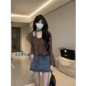 Early Autumn New Arrival Korean Style Atmosphere Stringy Selvedge Lace-up Chic Cropped Small Top Elegant Slimming Long-Sleeved T-shirt Women